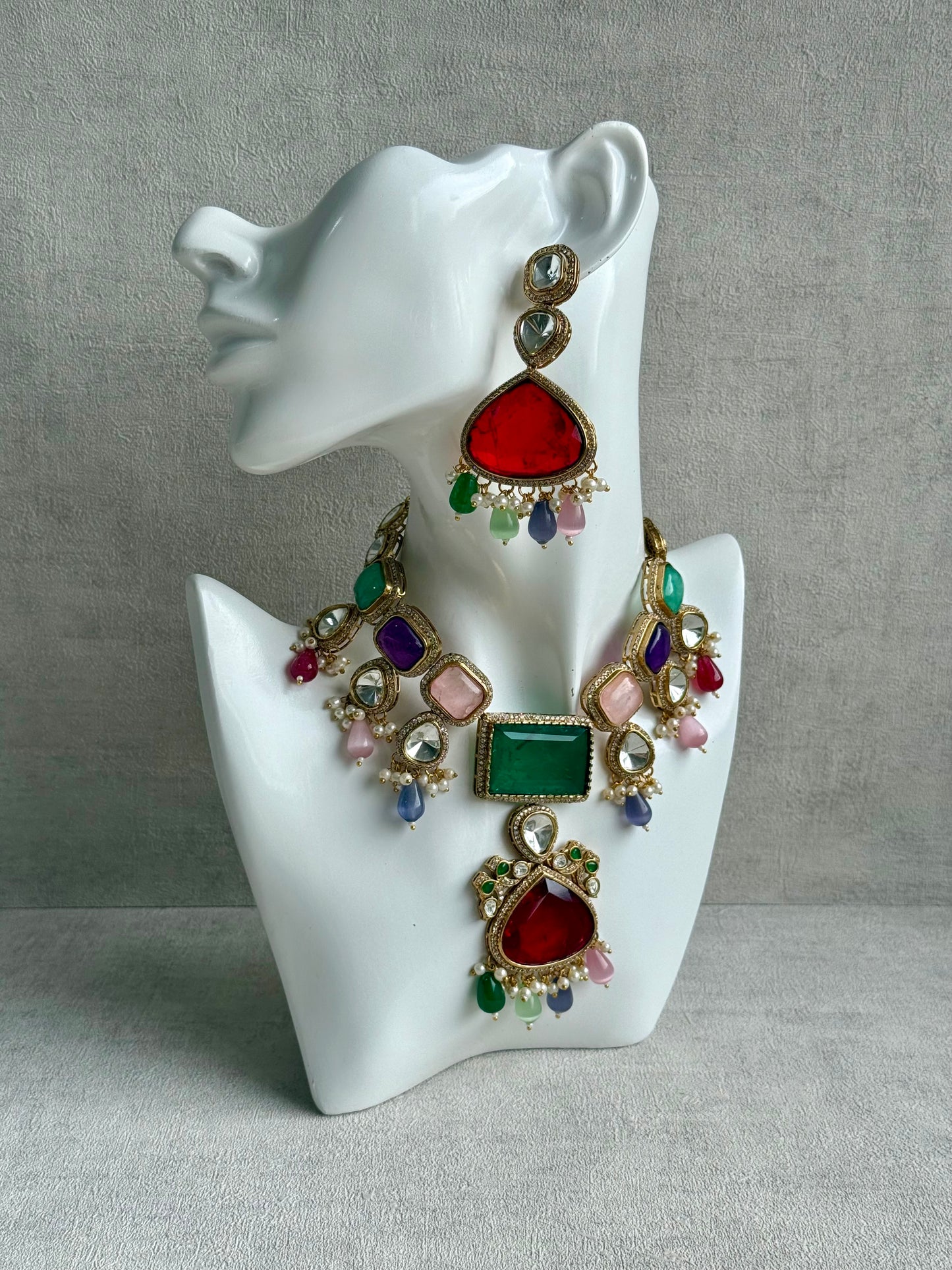 Ayura Designs Lara Set – Statement Multicolour Necklace, Earrings & Tikka with Ruby, Emerald & Pastel Beads
