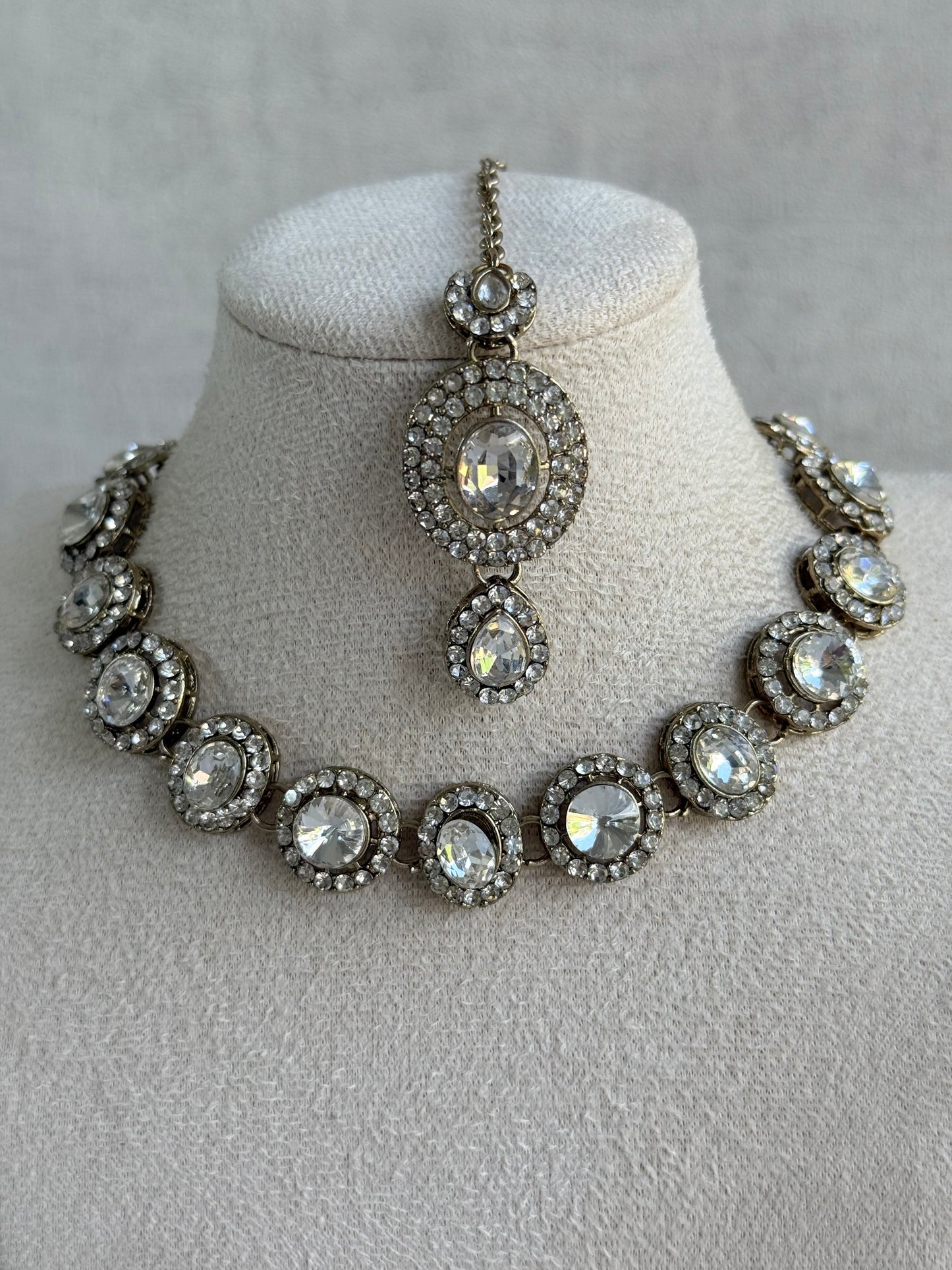 Ayura Designs Eira Necklace Set with Earrings & Tikka – Crystal Stones with Antique Gold Finish