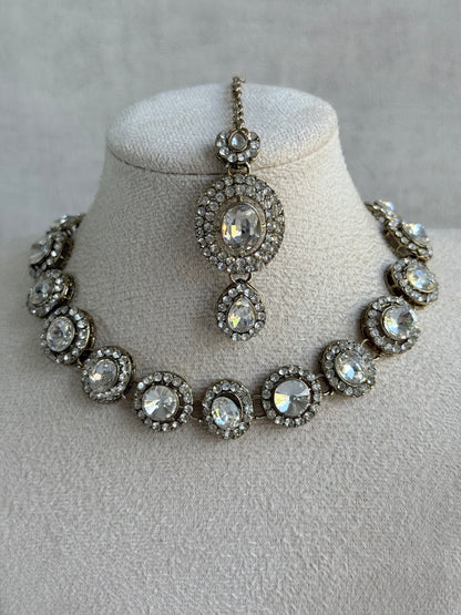 Ayura Designs Eira Necklace Set with Earrings & Tikka – Crystal Stones with Antique Gold Finish