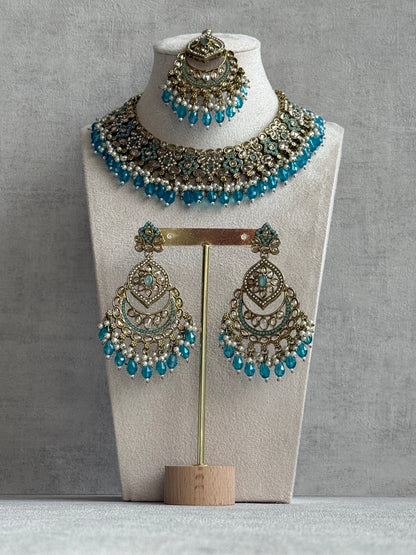 Ayura Designs Azka Set – Necklace, Earrings & Tikka with Turquoise Blue Beads, Ivory Pearls & Champagne Gold Finish