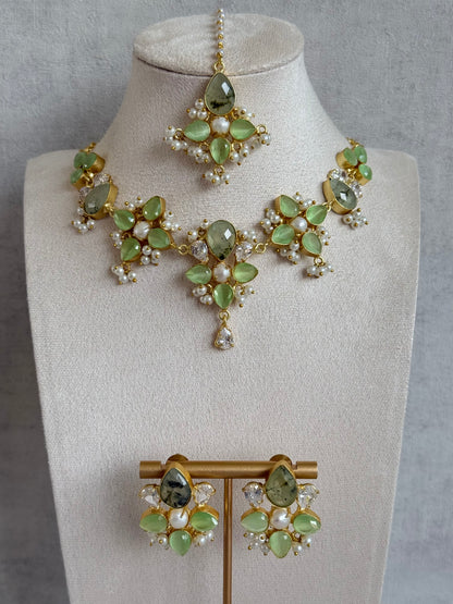 Ayura Designs Zaria Set with Tikka & Earrings – Prehnite with Pearls & Crystals