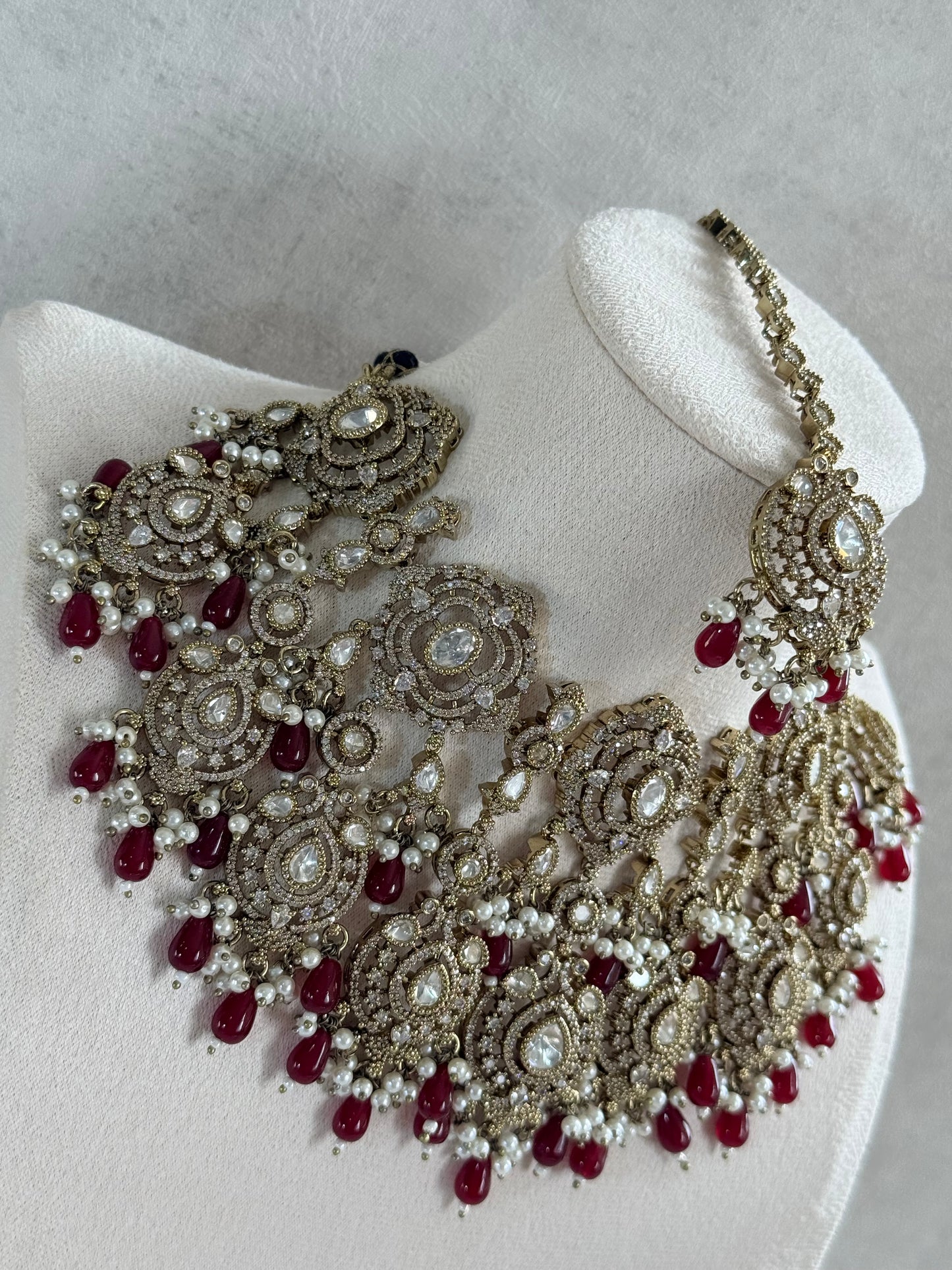 Ayura Designs Fazal Set with Necklace, Earrings & Tikka – Ruby Red Drops, Pearl Detailing & Moissanite Stonework