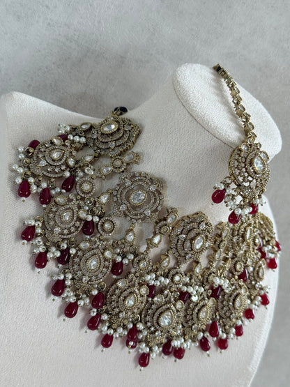 Ayura Designs Fazal Set with Necklace, Earrings & Tikka – Ruby Red Drops, Pearl Detailing & Moissanite Stonework