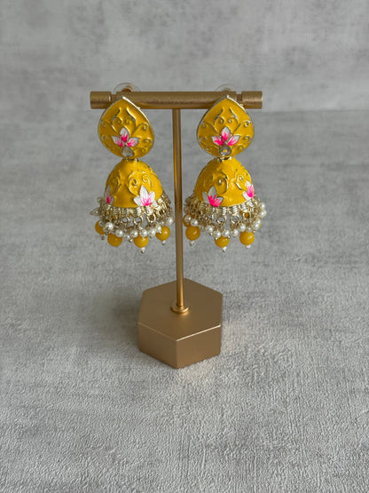 Ayura Designs Gia Jhumkis – Mustard Yellow Meenakari with Pink Lotus Motifs & Ivory Pearl Drops