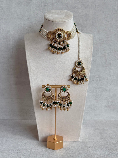 Ayura Designs Mehr Choker Set with Earrings & Tikka – Emerald Green Stones, Pearl Beads, Pearl Strands & Antique Gold Finish