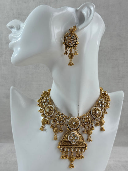 Ayura Designs Kriti Necklace Set with Earrings – Antique Gold Kundan Design with Ivory Pearls & Ghungroo Detailing
