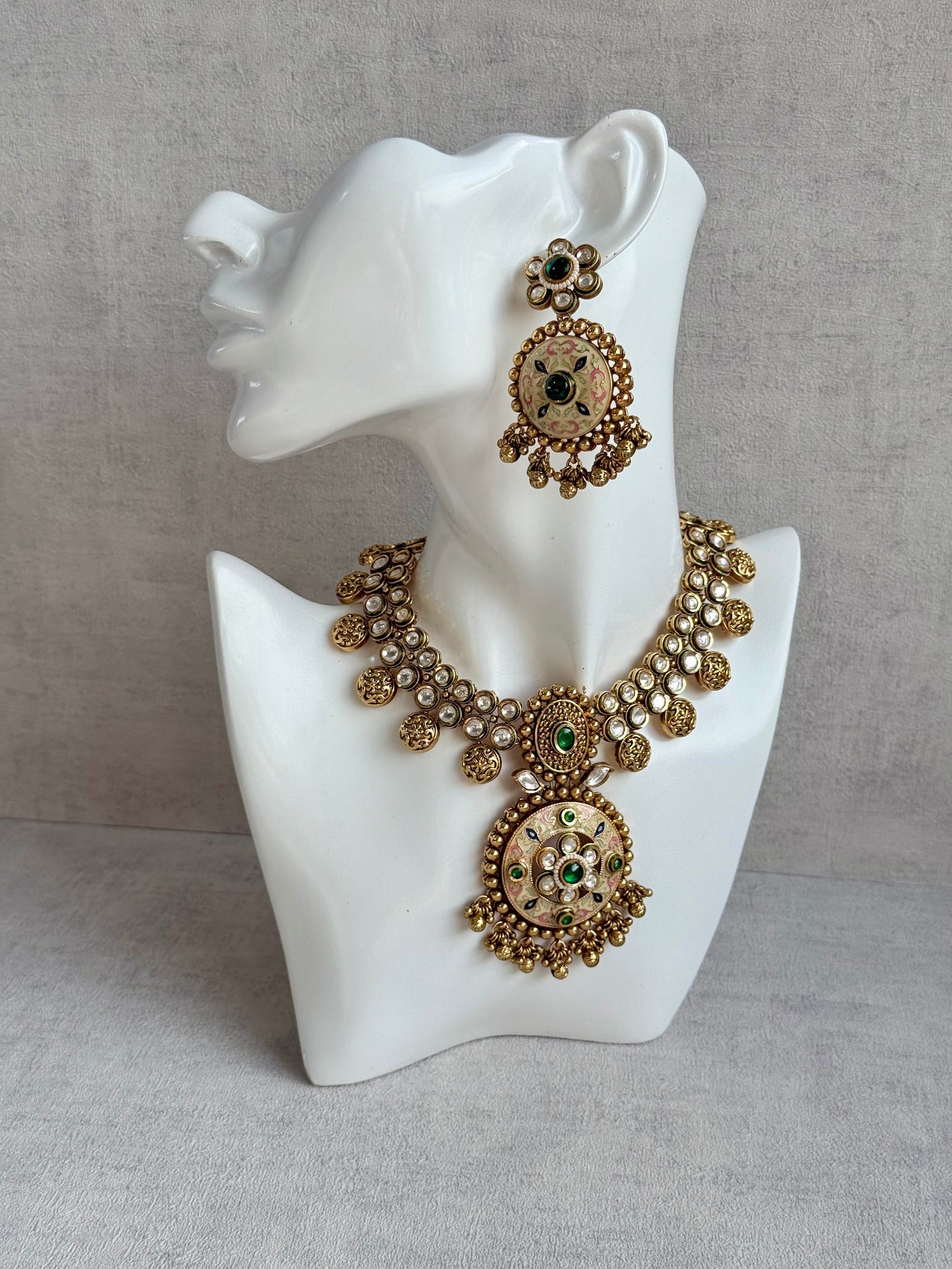 Ayura Designs Zayna Set with Necklace & Earrings – Ivory Meenakari with Emerald Green Stones