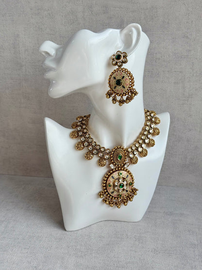 Ayura Designs Zayna Set with Necklace & Earrings – Ivory Meenakari with Emerald Green Stones
