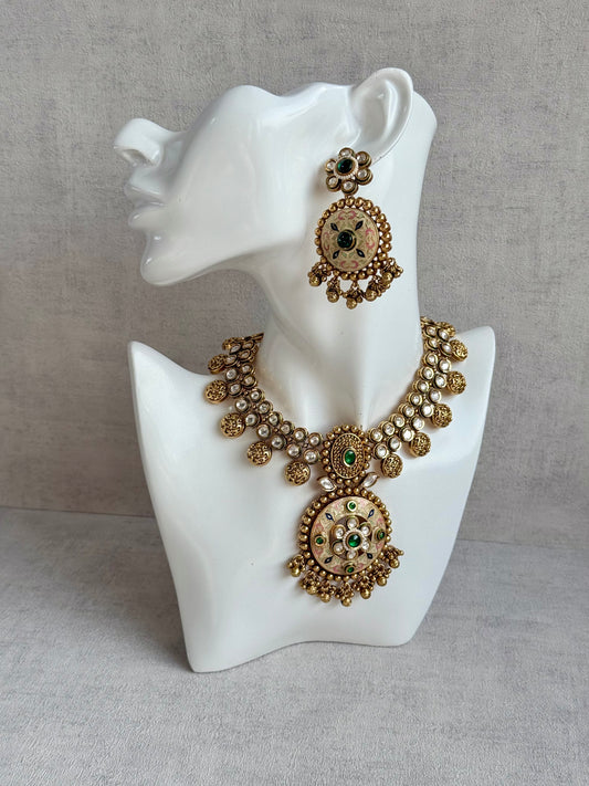 Ayura Designs Zayna Set with Necklace & Earrings – Ivory Meenakari with Emerald Green Stones