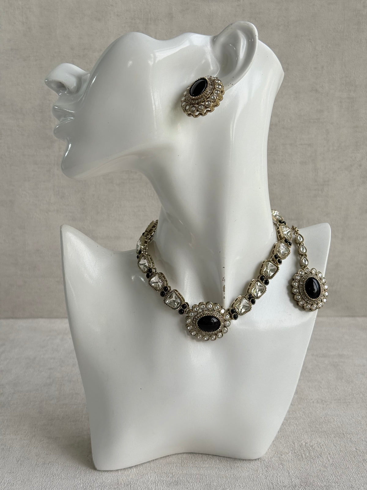 Ayura Designs Inza Necklace Set – Black Stones, Kundan & Crystals with Antique Gold Finish