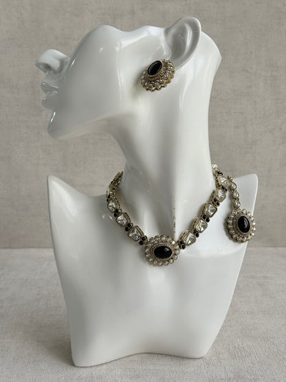 Ayura Designs Inza Necklace Set – Black Stones, Kundan & Crystals with Antique Gold Finish