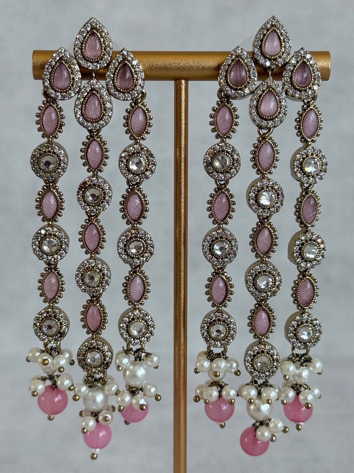 Ayura Designs Emilia Earrings – Gold Triple Strand Statement Earrings with Blush Pink Stones & Pearl Drops