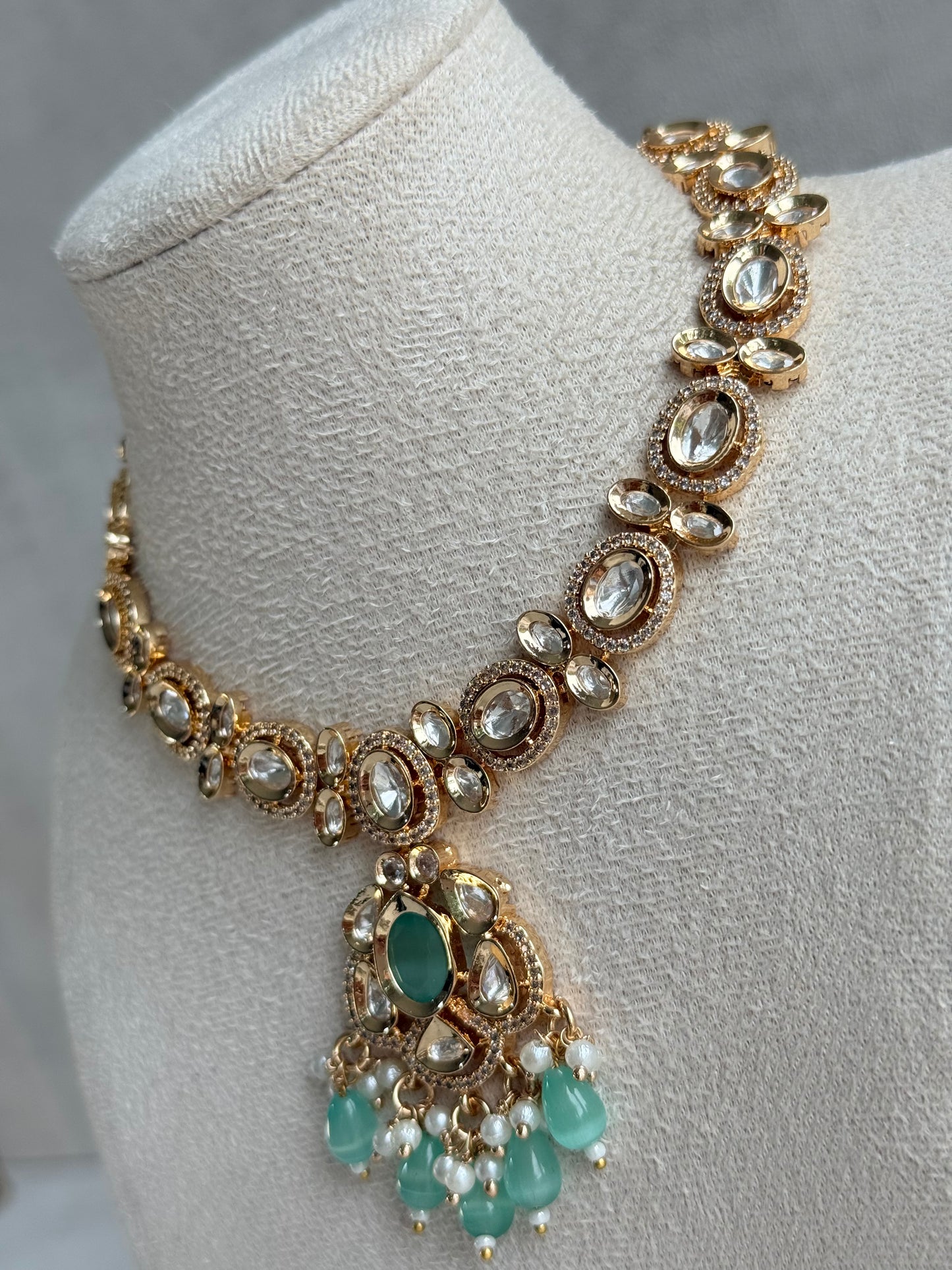 Ayura Designs Edina Necklace Set with Earrings – Kundan, Mint Green Stones & Pearl Detailing
