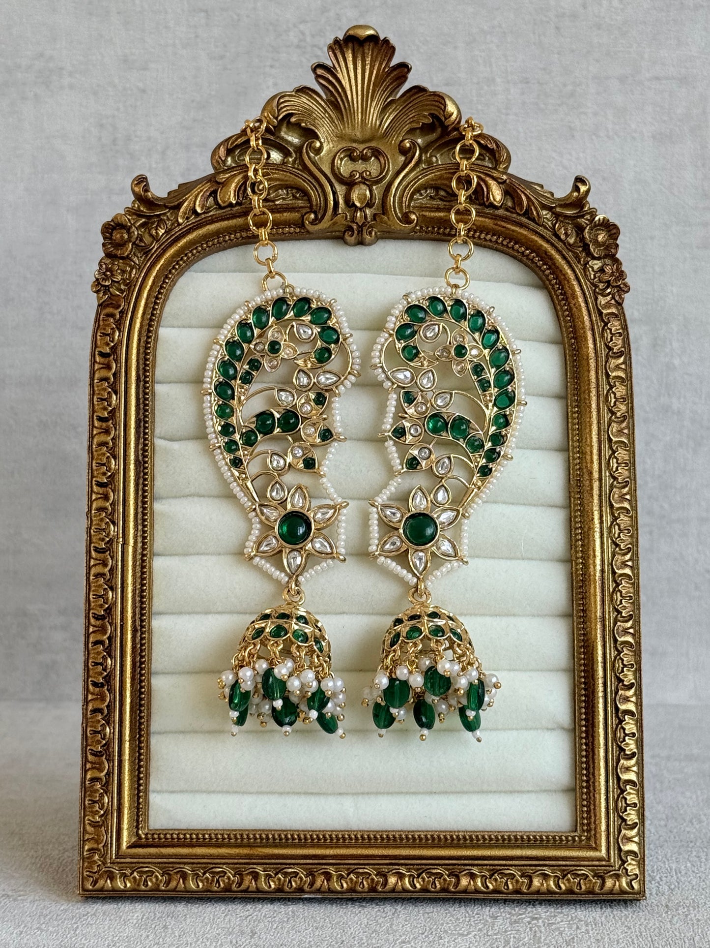 Ayura Designs Urisha Ear Climber Jhumkis – Emerald Green, Kundan & Pearl Detailing