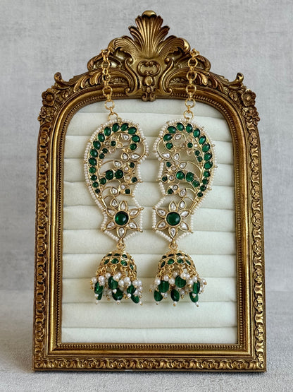 Ayura Designs Urisha Ear Climber Jhumkis – Emerald Green, Kundan & Pearl Detailing