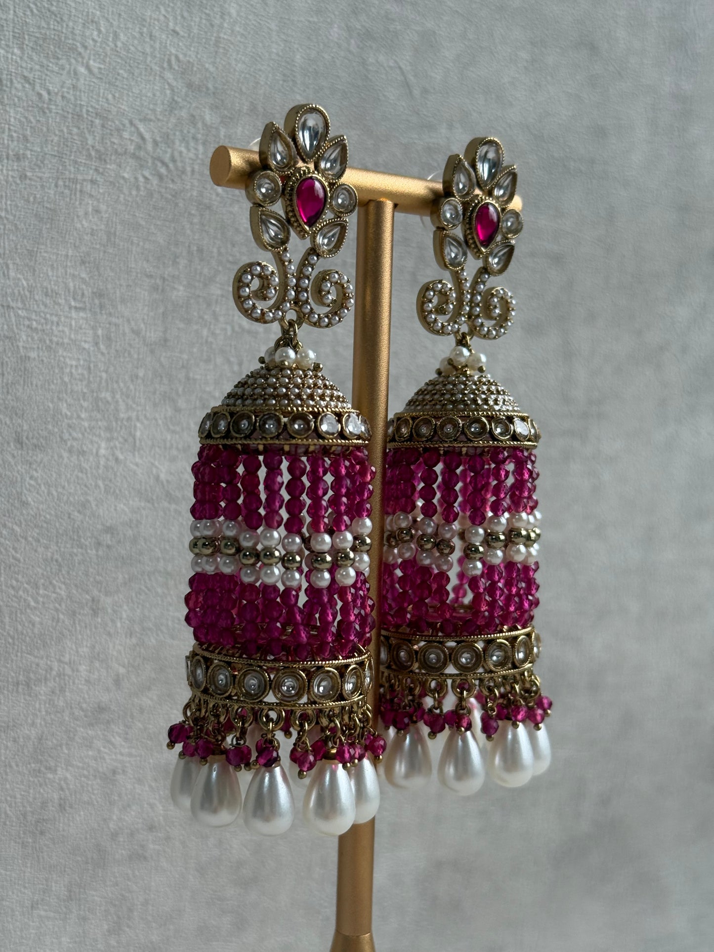 Ayura Designs Sage Earrings – Statement Jhumkis with Mirror-Cut Stones, Pearl Drops & Fuchsia Beads