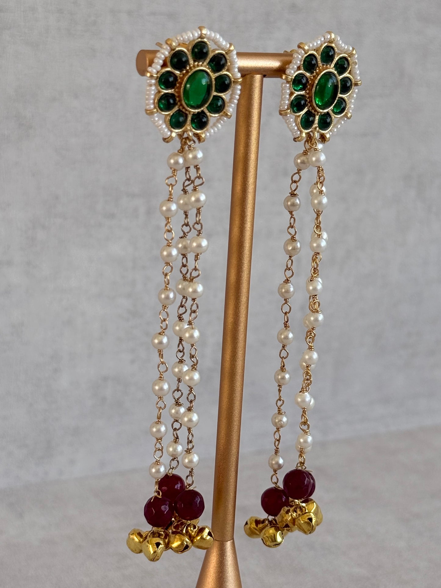 Ayura Designs Noorzar Earrings – Duster Earrings with Emerald Green Stones, Ruby Red Beads & Pearl Chains