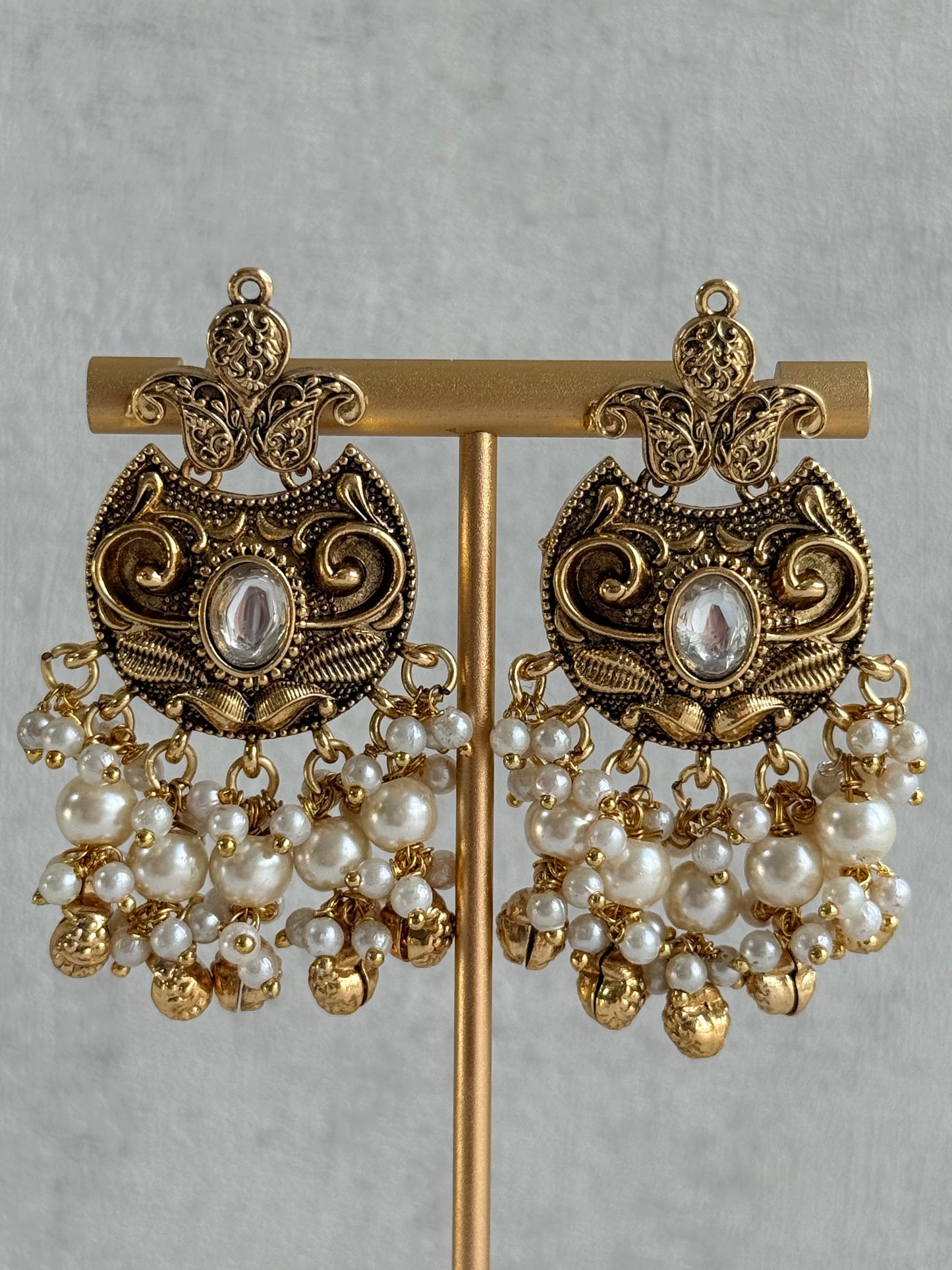 Ayura Designs Sneha Choker Set with Earrings & Tikka – Ivory Beads, Layered Pearl Detailing, Ghungroos & Antique Gold Finish