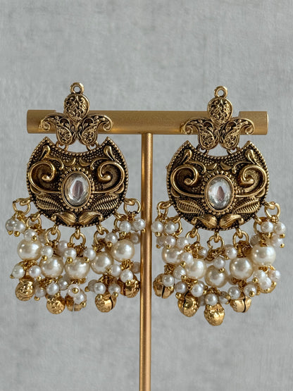 Ayura Designs Sneha Choker Set with Earrings & Tikka – Ivory Beads, Layered Pearl Detailing, Ghungroos & Antique Gold Finish