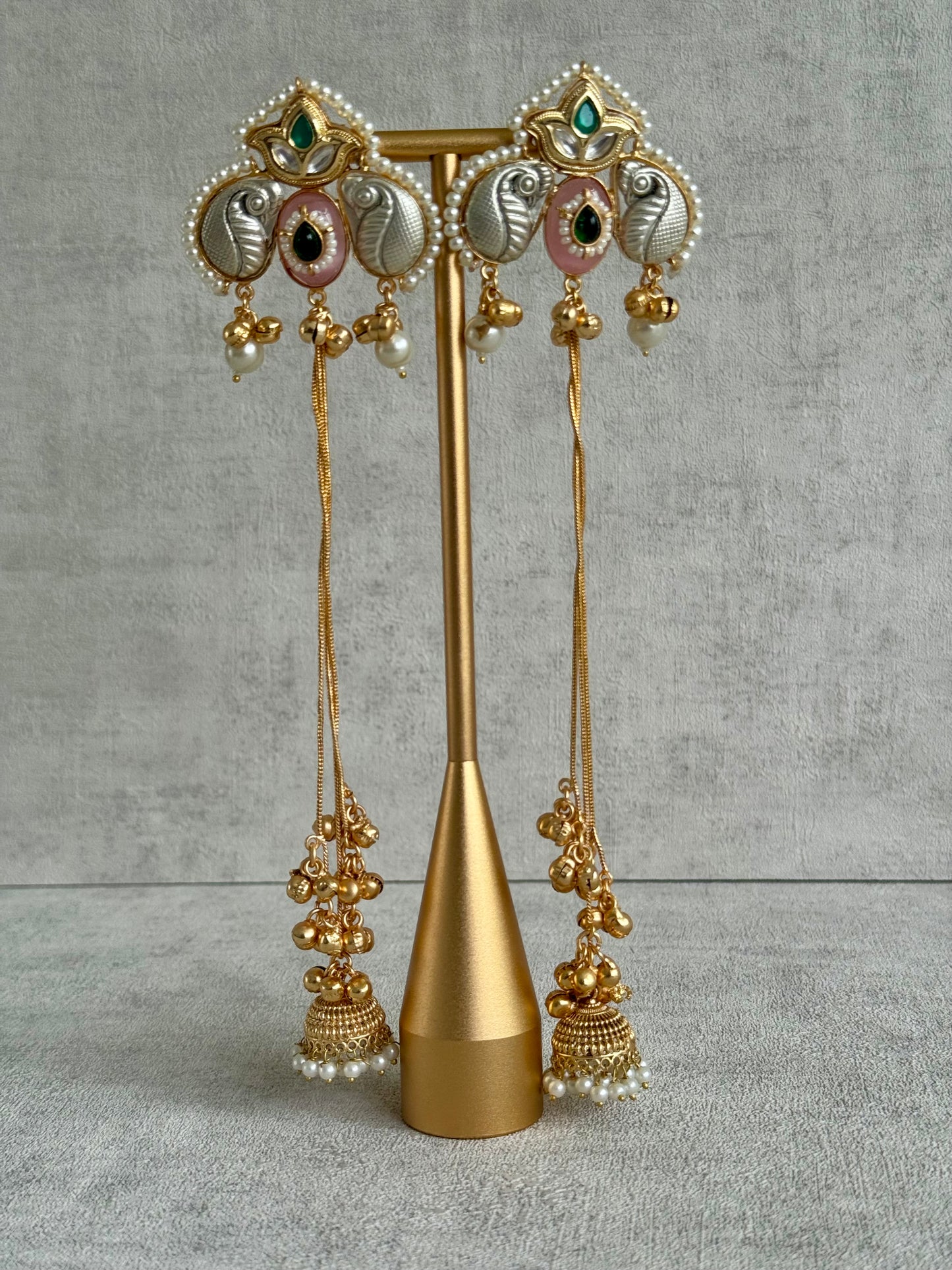 Ayura Designs Sozni Kashmiri Earrings – Meenakari with Blush Pink & Emerald Detailing
