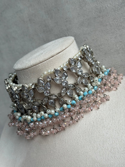 Ayura Designs Arasi Set with Choker, Passa, Tikka & Sahare Jhumkis – Antique Silver with Blush Pink Crystals, Aqua Blue Beads & Ivory Pearls