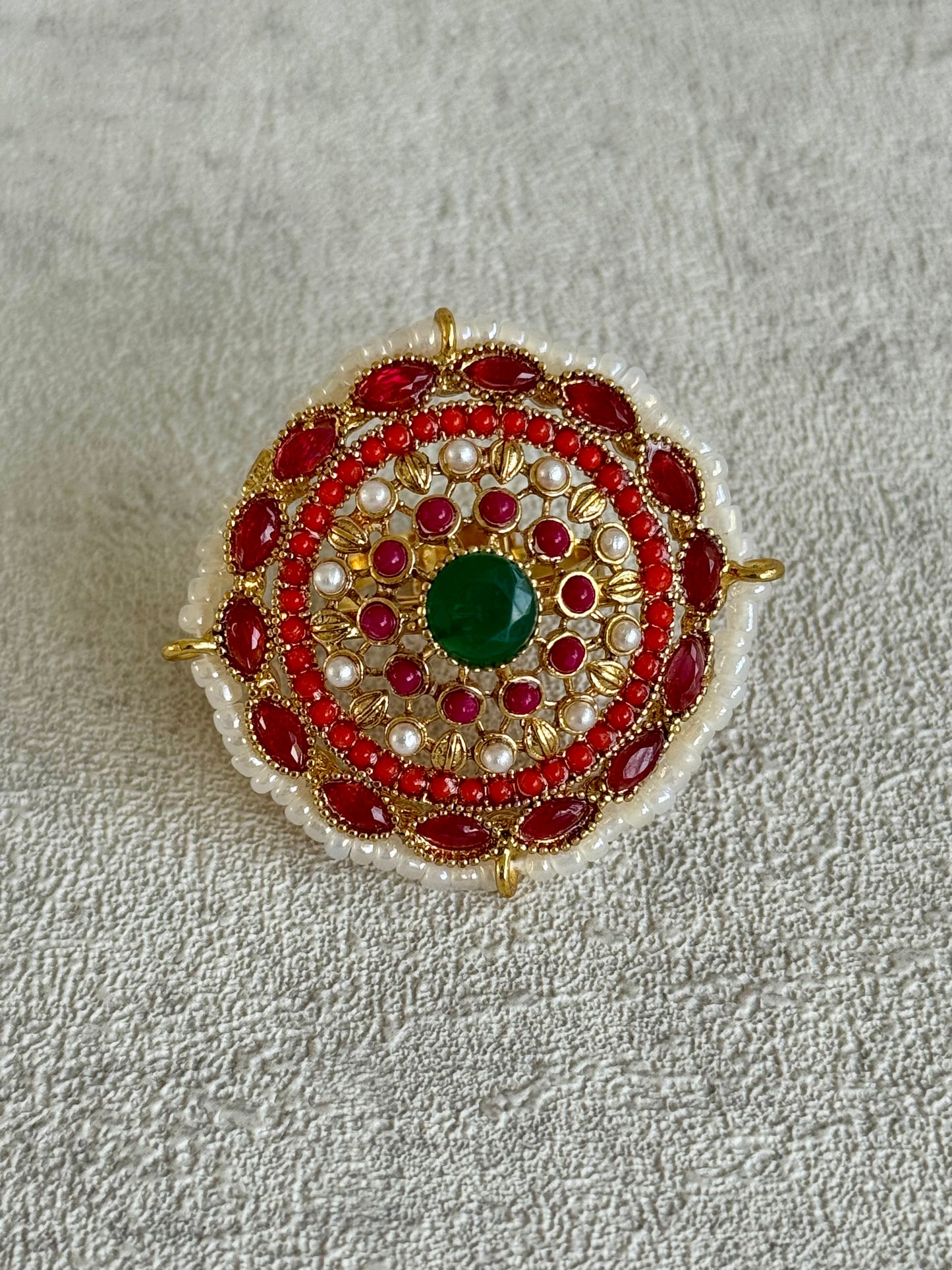 Ayura Designs Lubna Choker Set with Jhumkis & Ring – Ruby Red, Emerald Green & Pearl Detailing in Antique Gold Finish