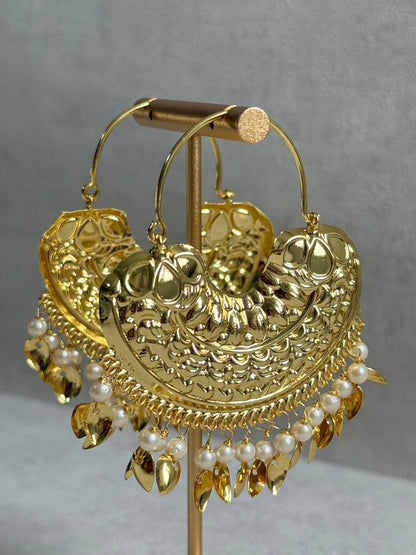 Ayura Designs Surkhab Balis – Pippal Patti Statement Earrings with Pearls & Gold Leaf Charms