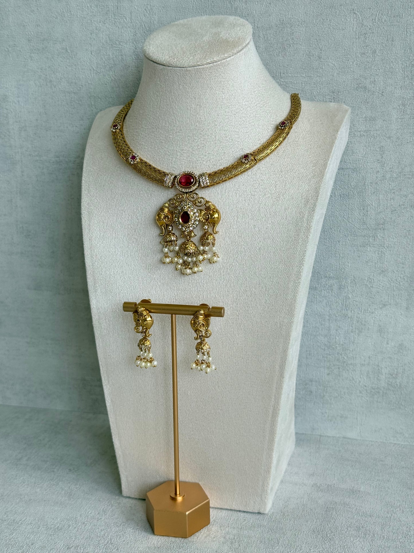 Ayura Designs Wadha Collar Necklace Set with Earrings – Gold Elephant Pendant & Ruby Red Stone Detailing