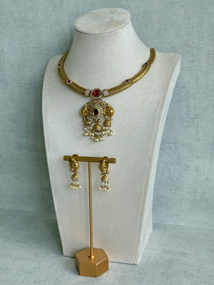 Ayura Designs Wadha Collar Necklace Set with Earrings – Gold Elephant Pendant & Ruby Red Stone Detailing