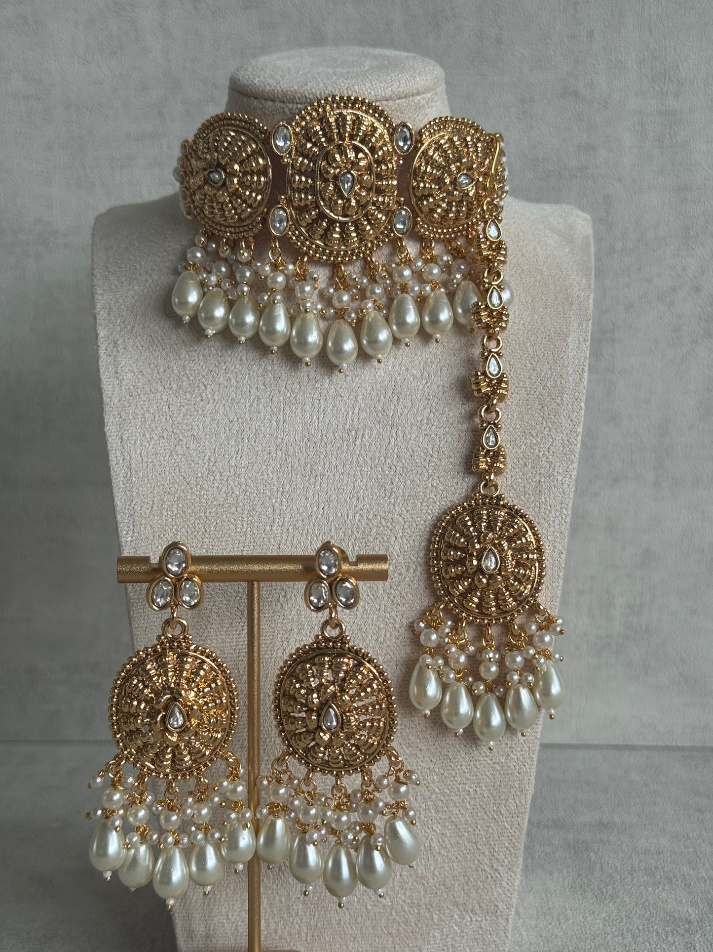 Ayura Designs Tanveer Choker Set with Earrings & Tikka – Antique Gold with Mirror-Cut Stones, Ruby & Emerald Beads