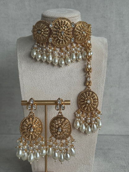 Ayura Designs Tanveer Choker Set with Earrings & Tikka – Antique Gold with Mirror-Cut Stones, Ruby & Emerald Beads