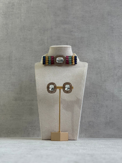 Ayura Designs Emma Choker Set – Multicolour Gemstone Choker & Studs with Mirror-Cut Centrepiece, Pearl Strands & Crystal Borders