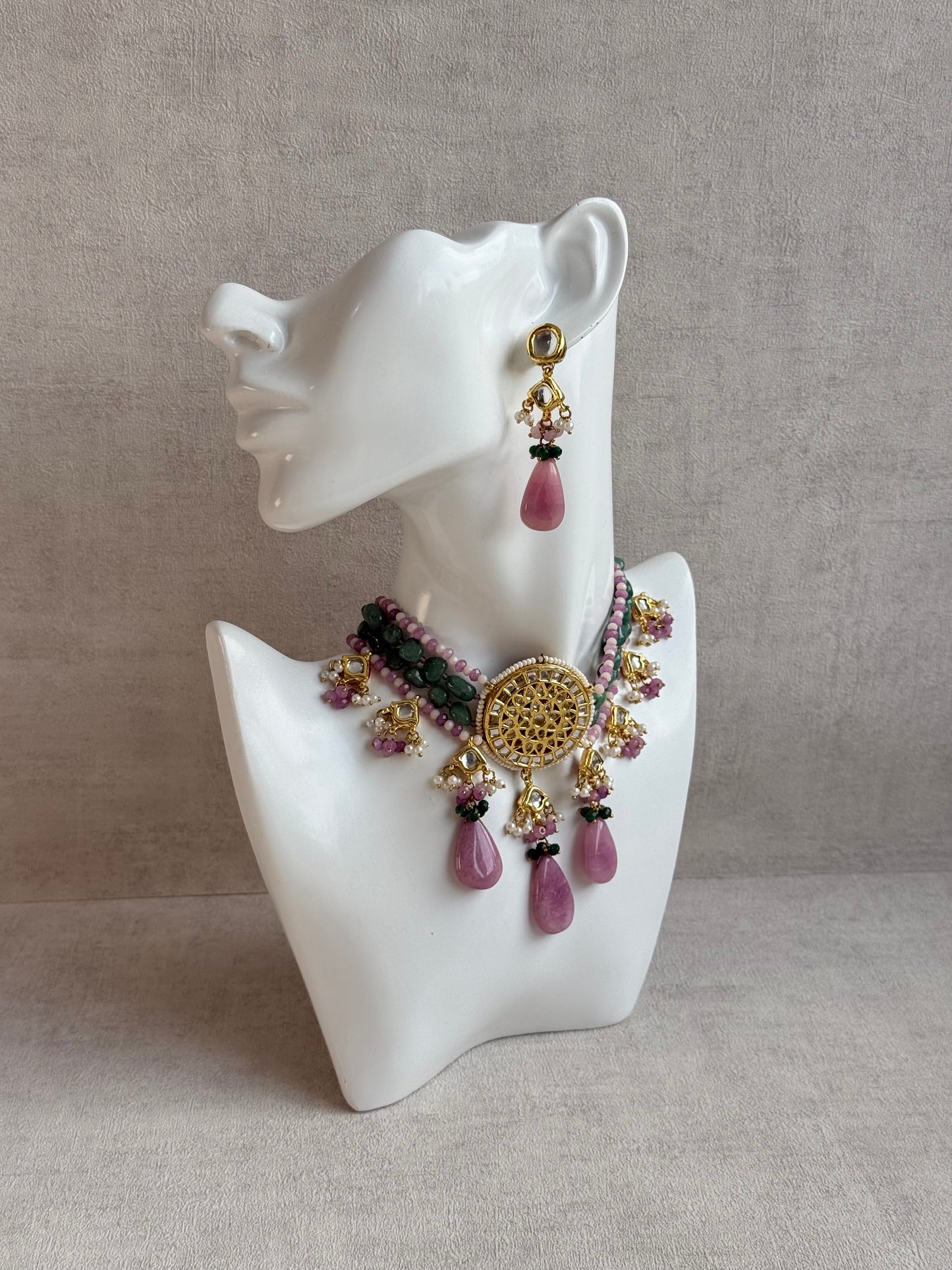 Ayura Designs Rabeeya Kundan Choker Set with Earrings – Blush Pink & Emerald Green Bead Detailing