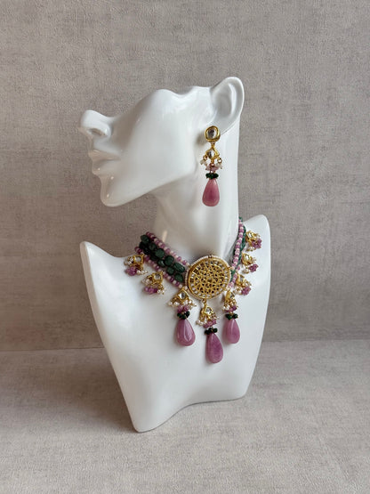 Ayura Designs Rabeeya Kundan Choker Set with Earrings – Blush Pink & Emerald Green Bead Detailing