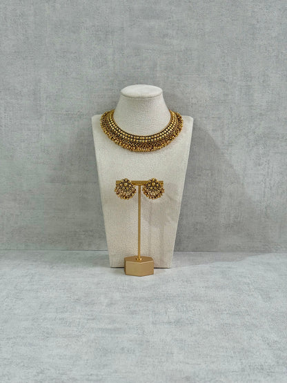 Ayura Designs Ranya Set – Antique Gold Necklace with Stud Earrings & Ghungroo Detailing