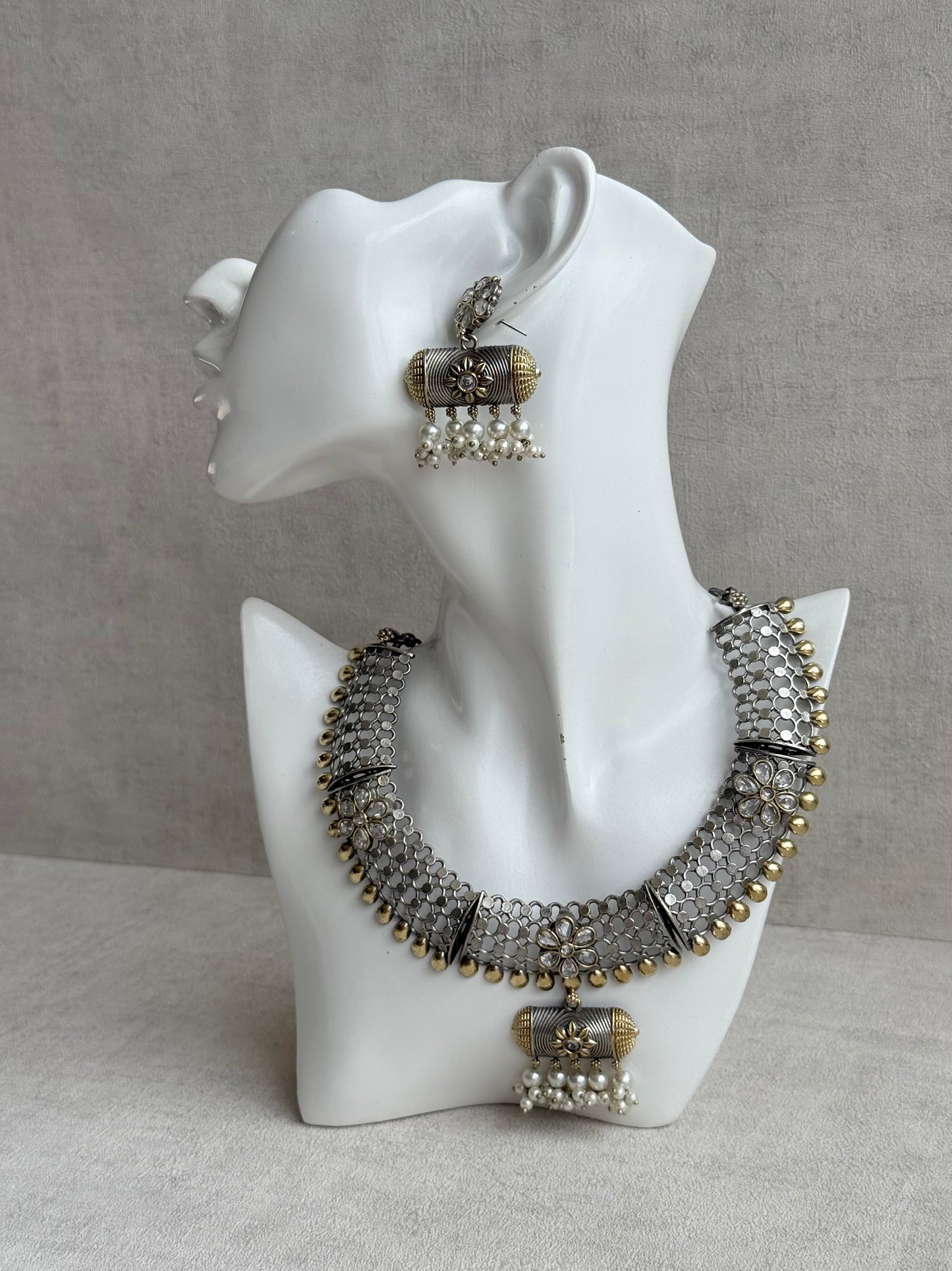 Ayura Designs Taal Necklace Set with Earrings & Tikka – Dual Tone Oxidised Mesh Necklace with Barrel Motifs & Pearl Detailing