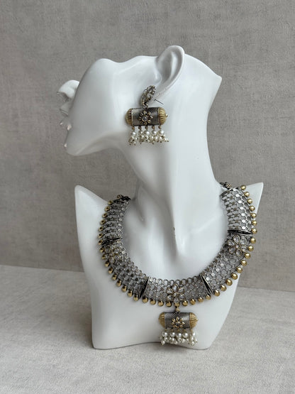 Ayura Designs Taal Necklace Set with Earrings & Tikka – Dual Tone Oxidised Mesh Necklace with Barrel Motifs & Pearl Detailing