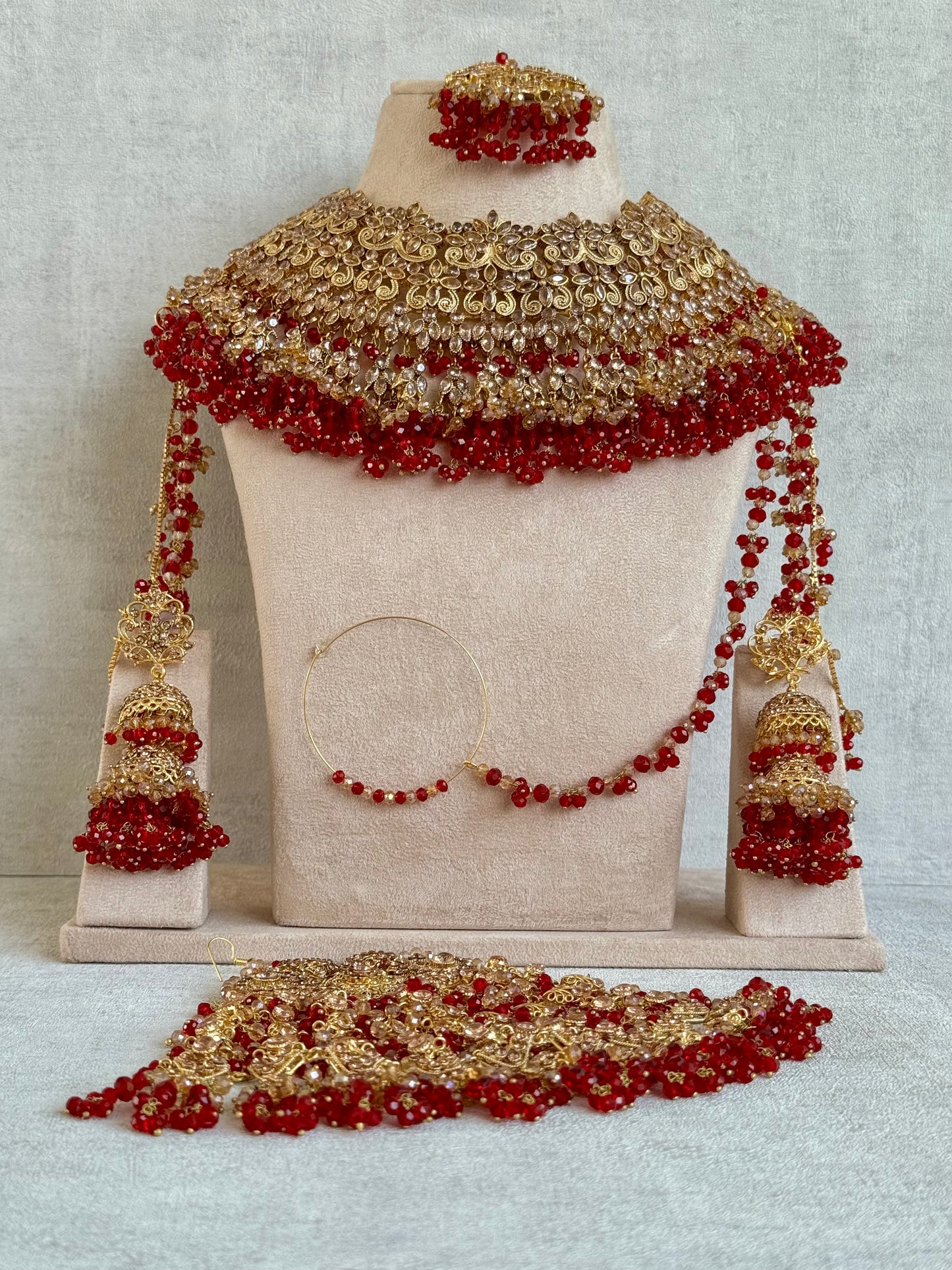 Ayura Designs Ishqiya Bridal Set with Necklace, Jhumkis with Sahare, Tikka & Jhoomer – Antique Gold, Champagne Stones & Red Bead Detailing