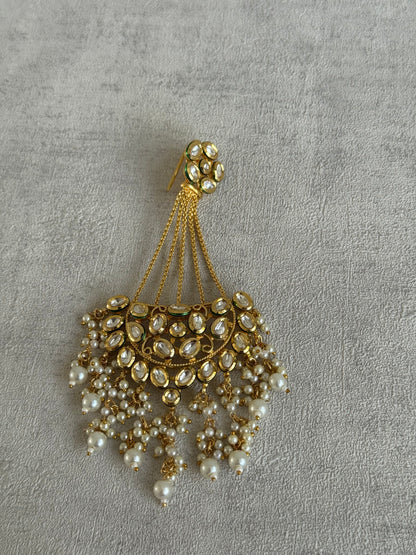 Ayura Designs Sophia Passa Jhoomar – Antique Gold with Kundan Stones & Pearl Clusters