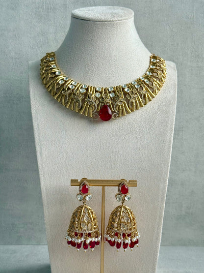 Ayura Designs Rami Collar Set with Jhumkis – Sculpted Gold Collar with Ruby Red Stone and Crystal Detailing