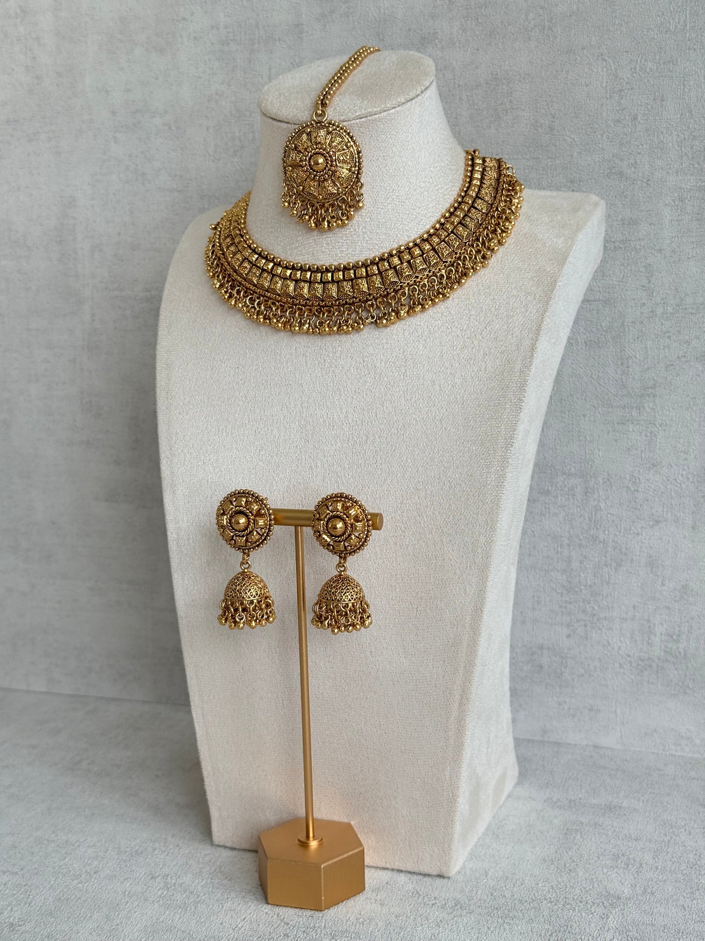 Ayura Designs Iksirat Necklace Set with Jhumkis & Tikka – Gold Heritage Design with Ghungroo Detailing