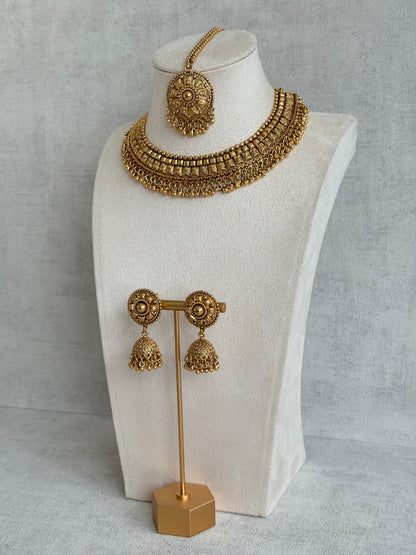 Ayura Designs Iksirat Necklace Set with Jhumkis & Tikka – Gold Heritage Design with Ghungroo Detailing