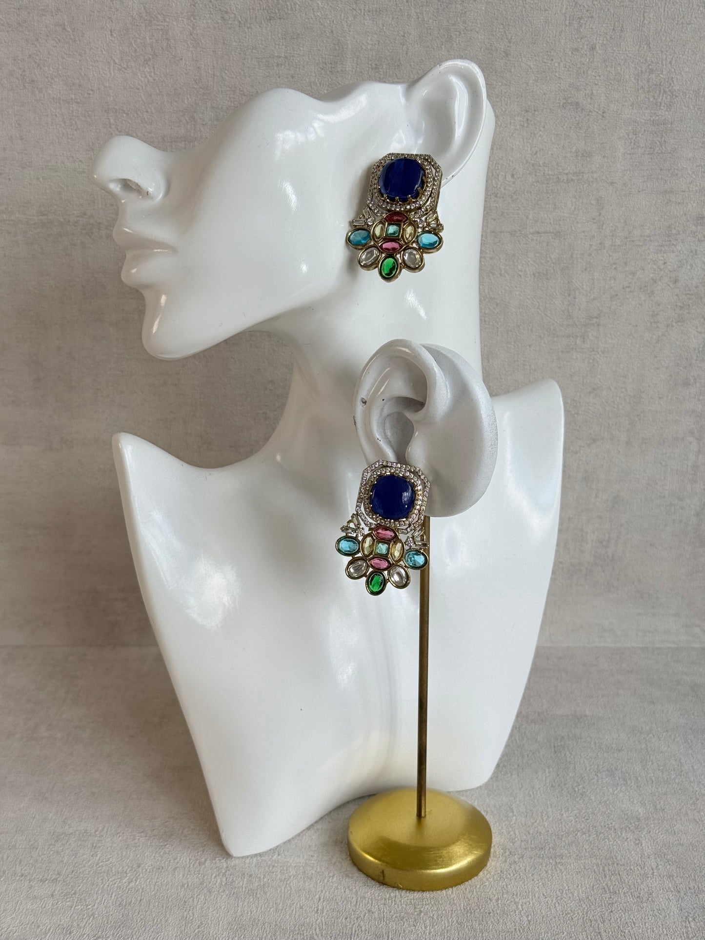 Ayura Designs Inez Earrings – Cobalt Blue Multicolour Statement Studs in Gold