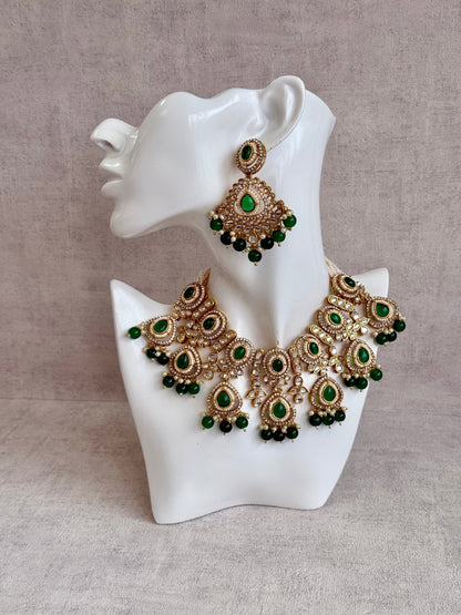Ayura Designs Janvi Set with Necklace, Earrings & Tikka – Kundan Detailing, Emerald Green Beads & Pearls Drops