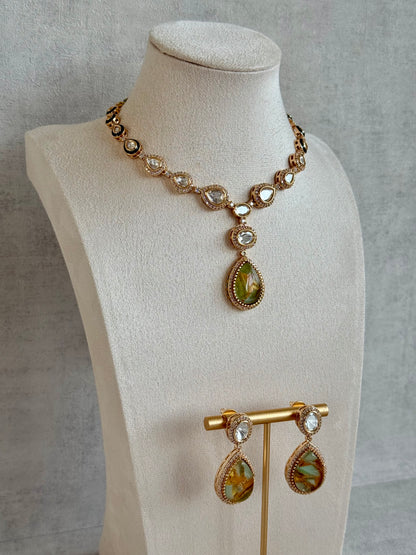 Ayura Designs Lilly Necklace Set with Earrings – Moissanite Stones with Marble Green Teardrop Pendant & Crystal Detailing