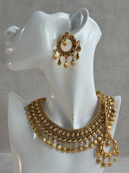 Ayura Designs Falaq Necklace Set with Earrings & Tikka – Gold Finish with Layered Chain, Floral & Shell Drop Detailing