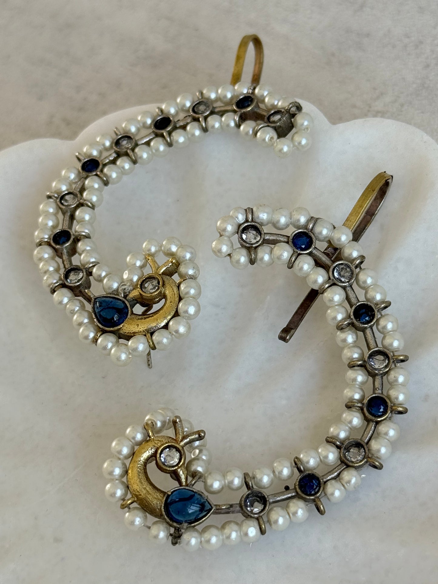Ayura Designs Nupur Earrings – Pearl Ear Climbers with Sapphire Blue Stones & Pearl Detailing