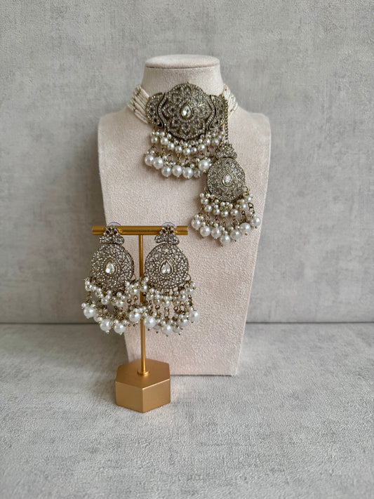 Ayura Designs Nyra Choker Set with Earrings & Tikka – White Pearls, Crystal Stones & Kundan Work