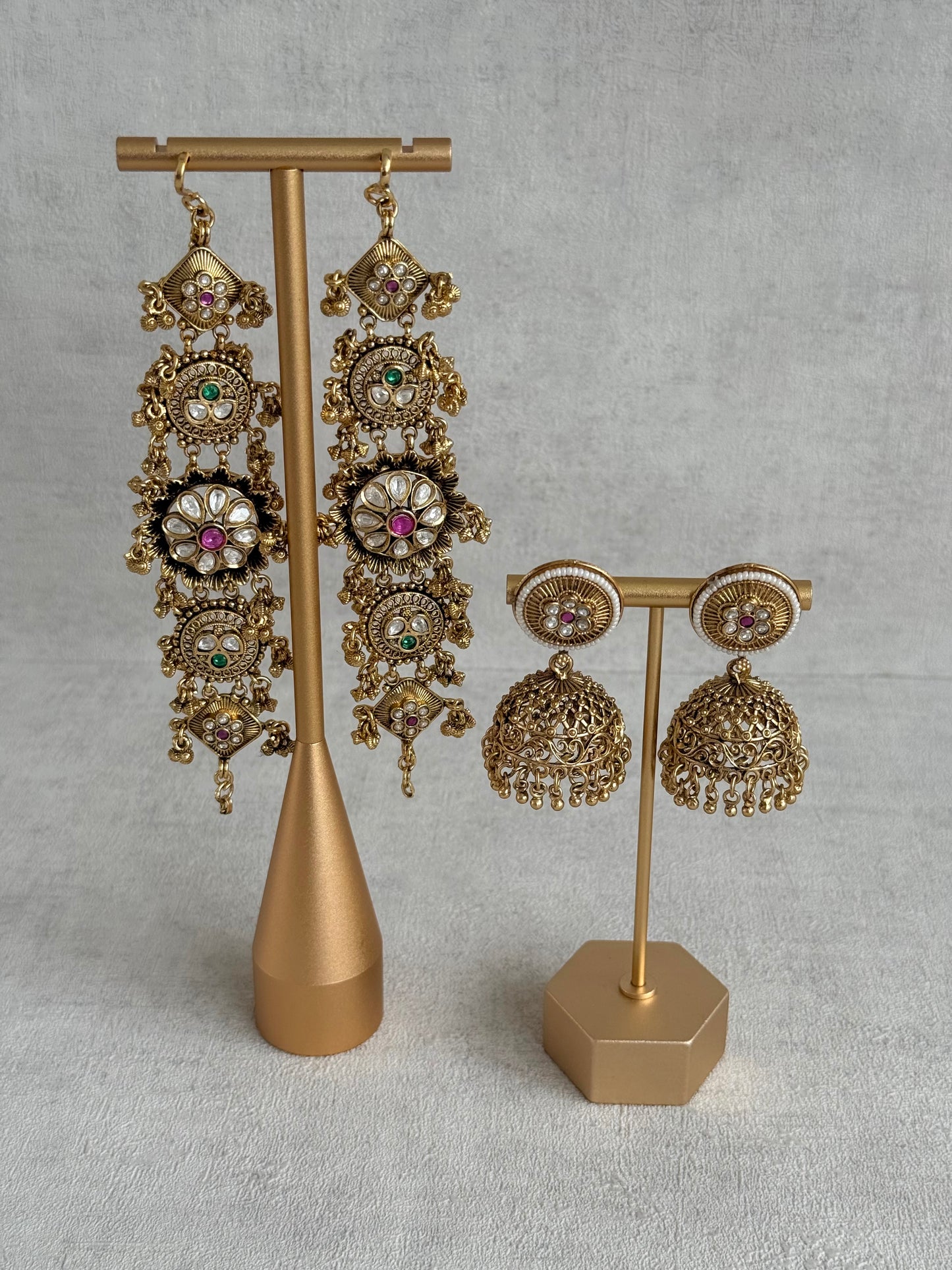 Ayura Designs Sabina Jhumkis with Detachable Sahare – Multicolour Kundan & Antique Gold Finish