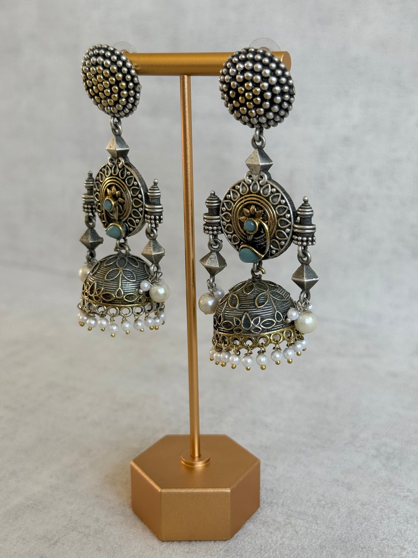 Ayura Designs Elaf Jhumki Earrings – Oxidised Silver Jhumkis with Peacock Motifs, Turquoise Stones & Pearl Drops